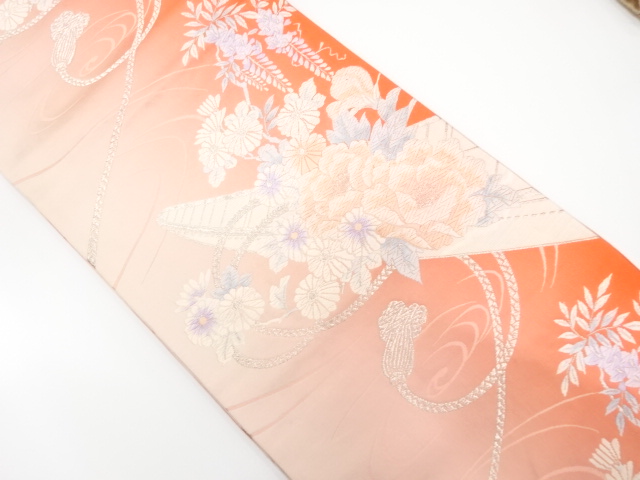 小舟に草花・組紐模様織り出し　暈し袋帯